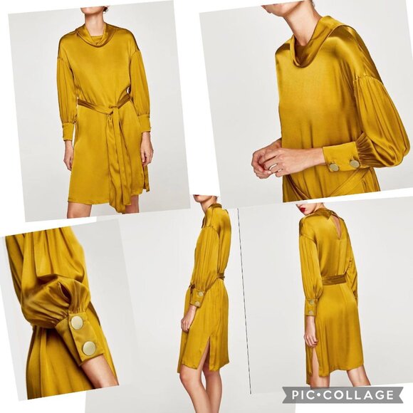 ✨ ZARA Mustard Gold Satin Belted Mini Dress ✨ - Picture 5 of 13